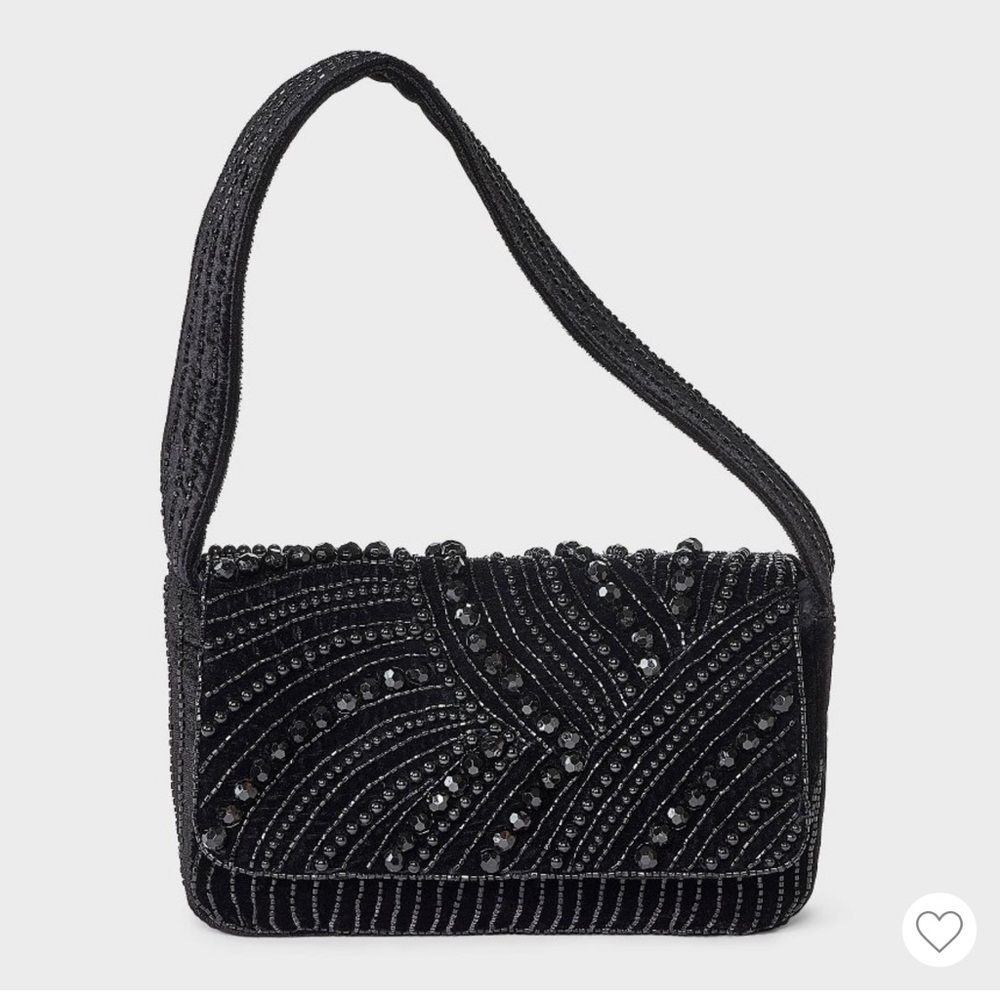 Embellished Black Beaded Velvet Shoulder Bag